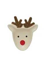 7-1/2"L x 6-1/2"W Ceramic Reindeer Plate, White, Brown and Red XS1329