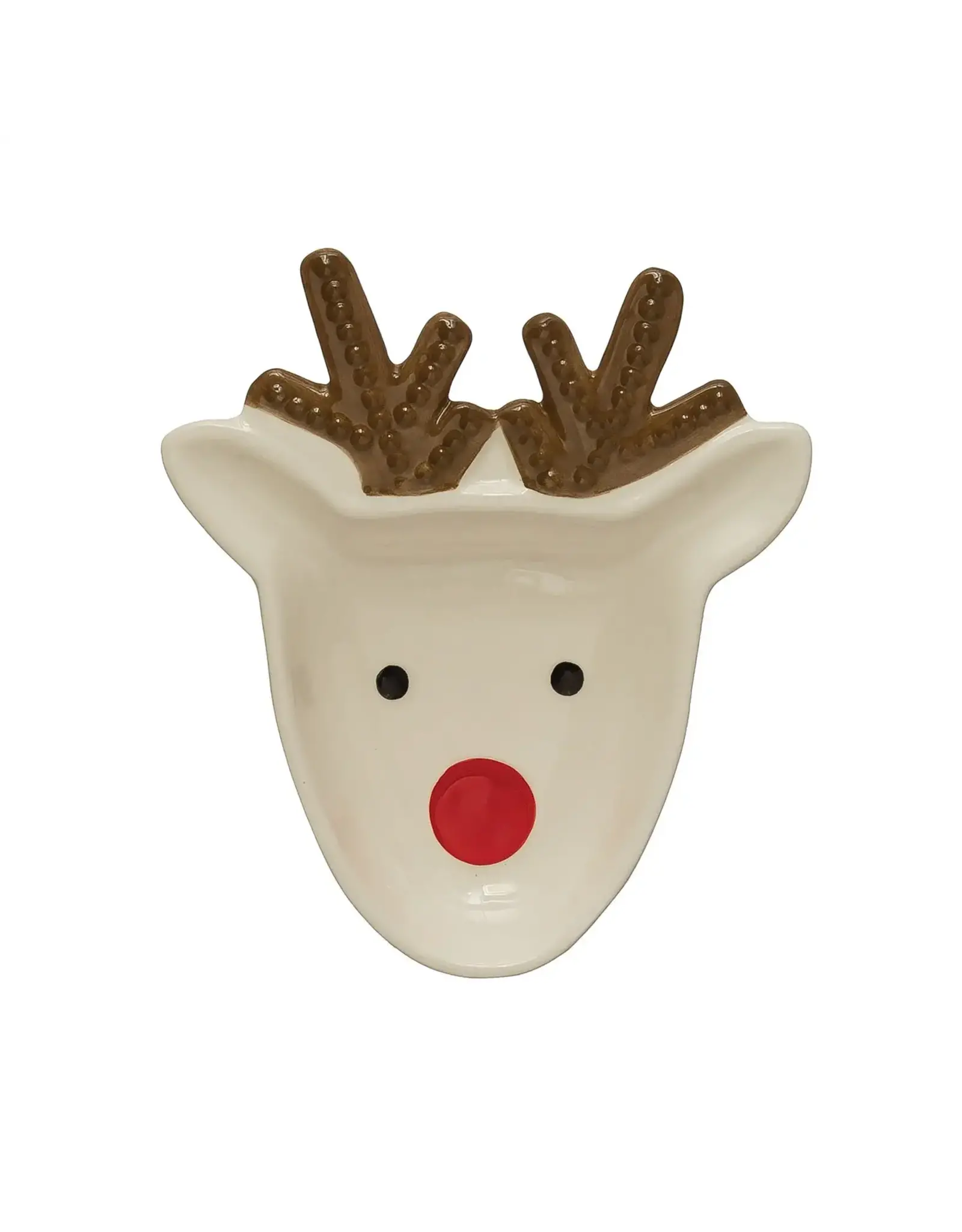 7-1/2"L x 6-1/2"W Ceramic Reindeer Plate, White, Brown and Red XS1329