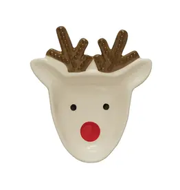 7-1/2"L x 6-1/2"W Ceramic Reindeer Plate, White, Brown and Red XS1329