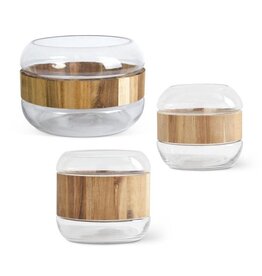 Round Clear Galss Vase w/Thick Center Acacia Wood 16036A