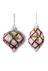 White w/Red Criss Cross & Holly Glass Ornament, 2 styles Each 55630A