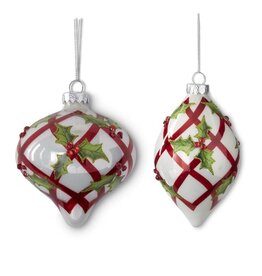 White w/Red Criss Cross & Holly Glass Ornament, 2 styles Each 55630A