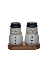 Stoneware Snowmen  Salt & Pepper Shakers w/ Acacia Wood Tray, Set of 3 XS5874