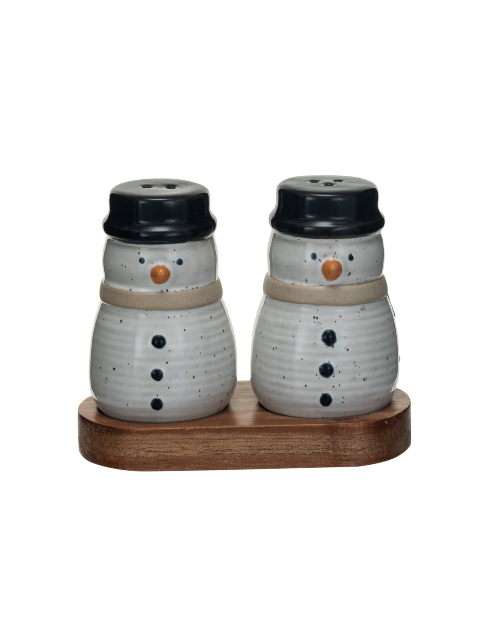 Stoneware Snowmen  Salt & Pepper Shakers w/ Acacia Wood Tray, Set of 3 XS5874
