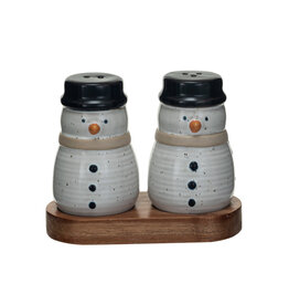 Stoneware Snowmen  Salt & Pepper Shakers w/ Acacia Wood Tray, Set of 3 XS5874