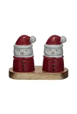 Stoneware Santa  Salt & Pepper Shakers w/ Acacia Wood Tray, Set of 3 XS5946