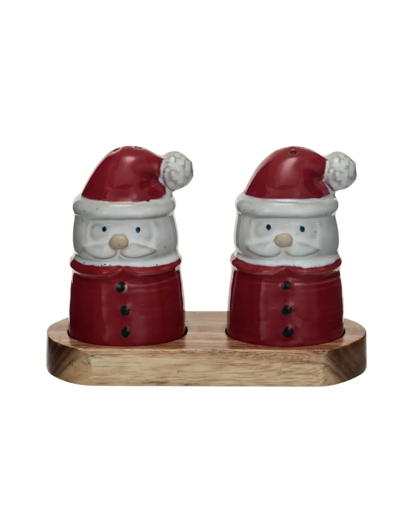 Stoneware Santa  Salt & Pepper Shakers w/ Acacia Wood Tray, Set of 3 XS5946