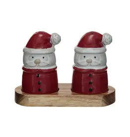 Stoneware Santa  Salt & Pepper Shakers w/ Acacia Wood Tray, Set of 3 XS5946