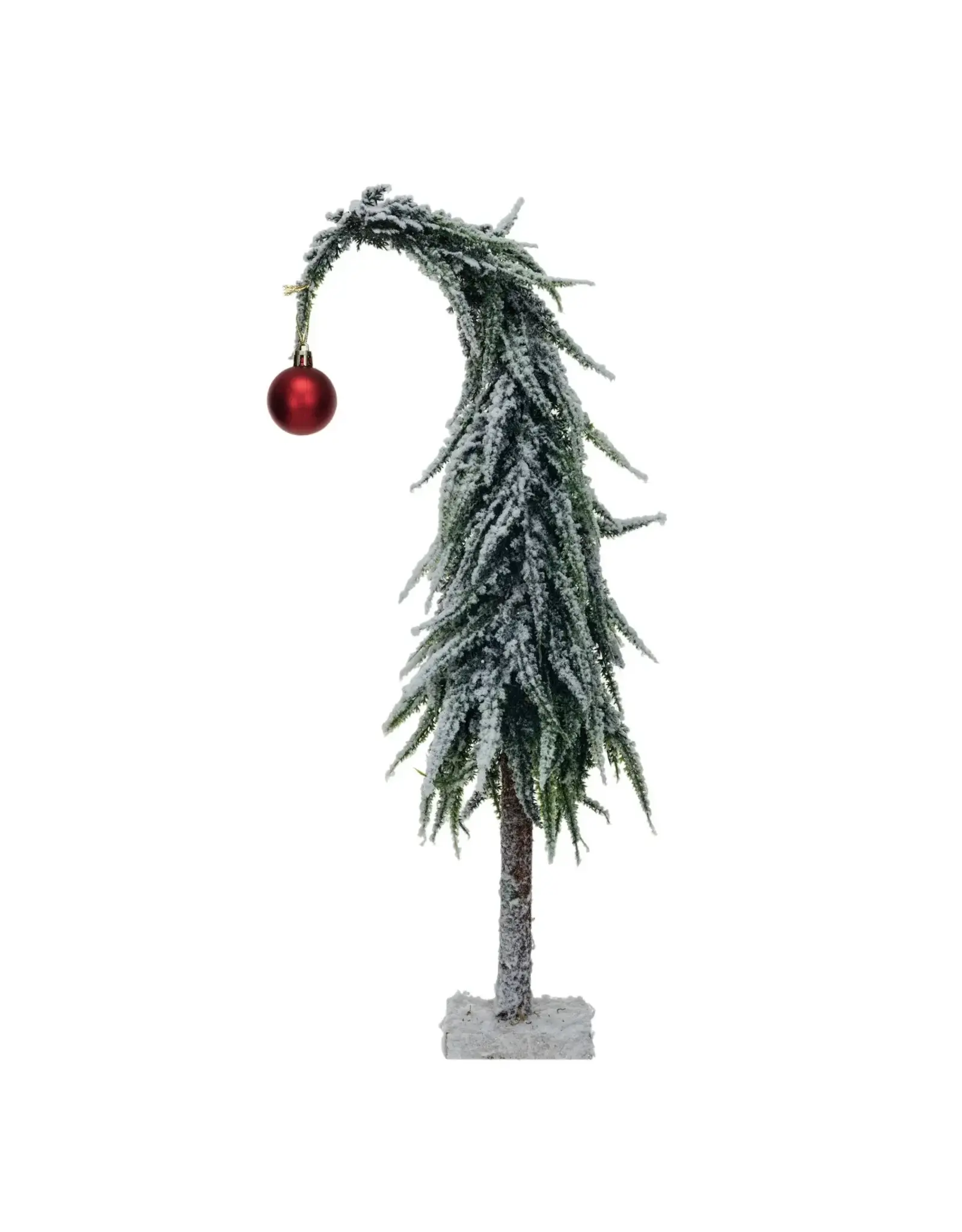 14" Faux Evergreen Tree w/ Red Ball Ornament & MDF Base, Snow Finish, XS6424