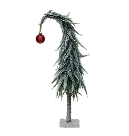 14" Faux Evergreen Tree w/ Red Ball Ornament & MDF Base, Snow Finish, XS6424