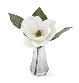 10 Inch White Velvet Magnolia Premade in Clear Vase 53280C-WH