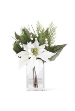 11 Inch White Poinsettia & Pine Premade in GlasS Vase 54767C-WH