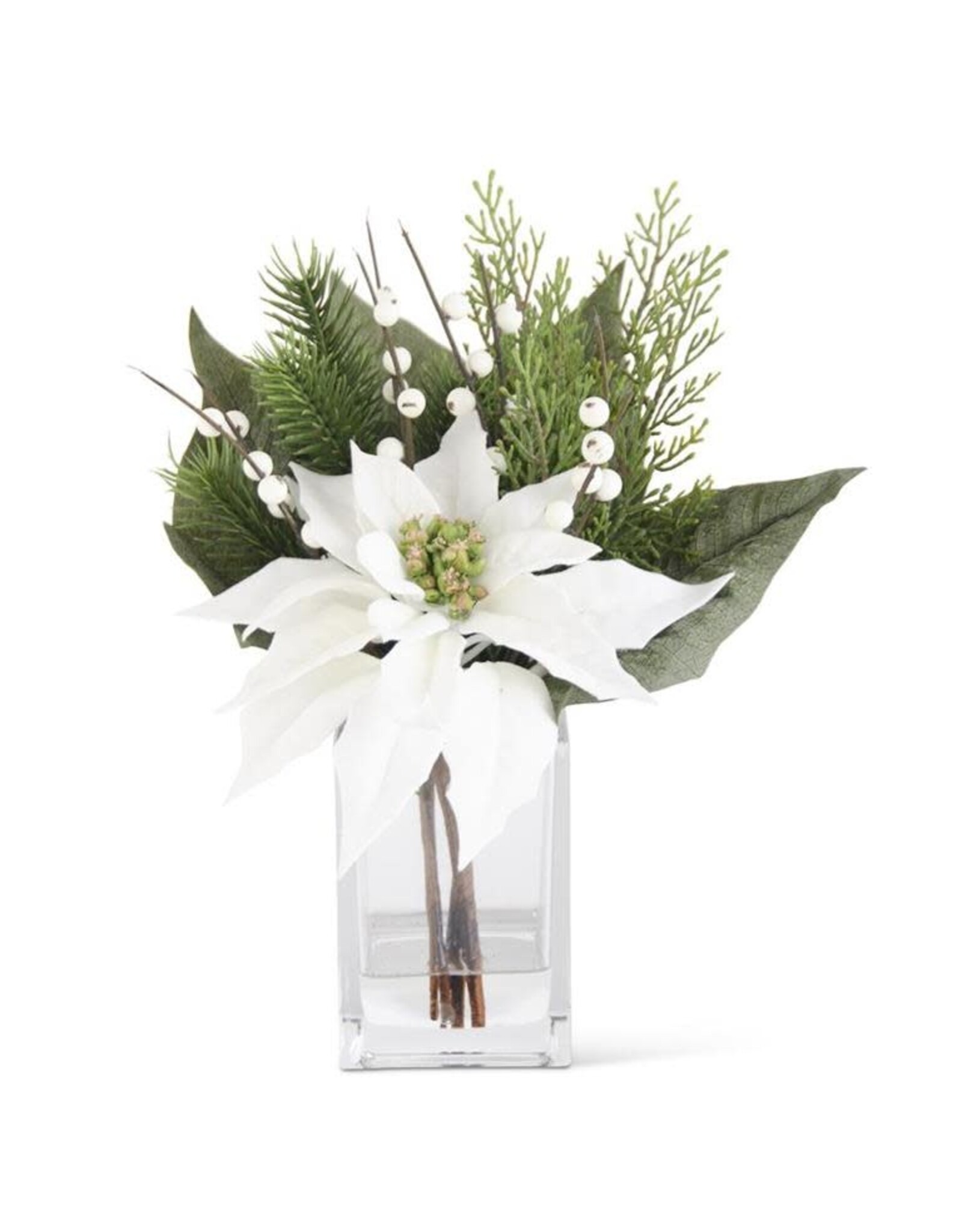 11 Inch White Poinsettia & Pine Premade in GlasS Vase 54767C-WH