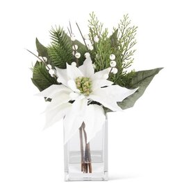 11 Inch White Poinsettia & Pine Premade in GlasS Vase 54767C-WH