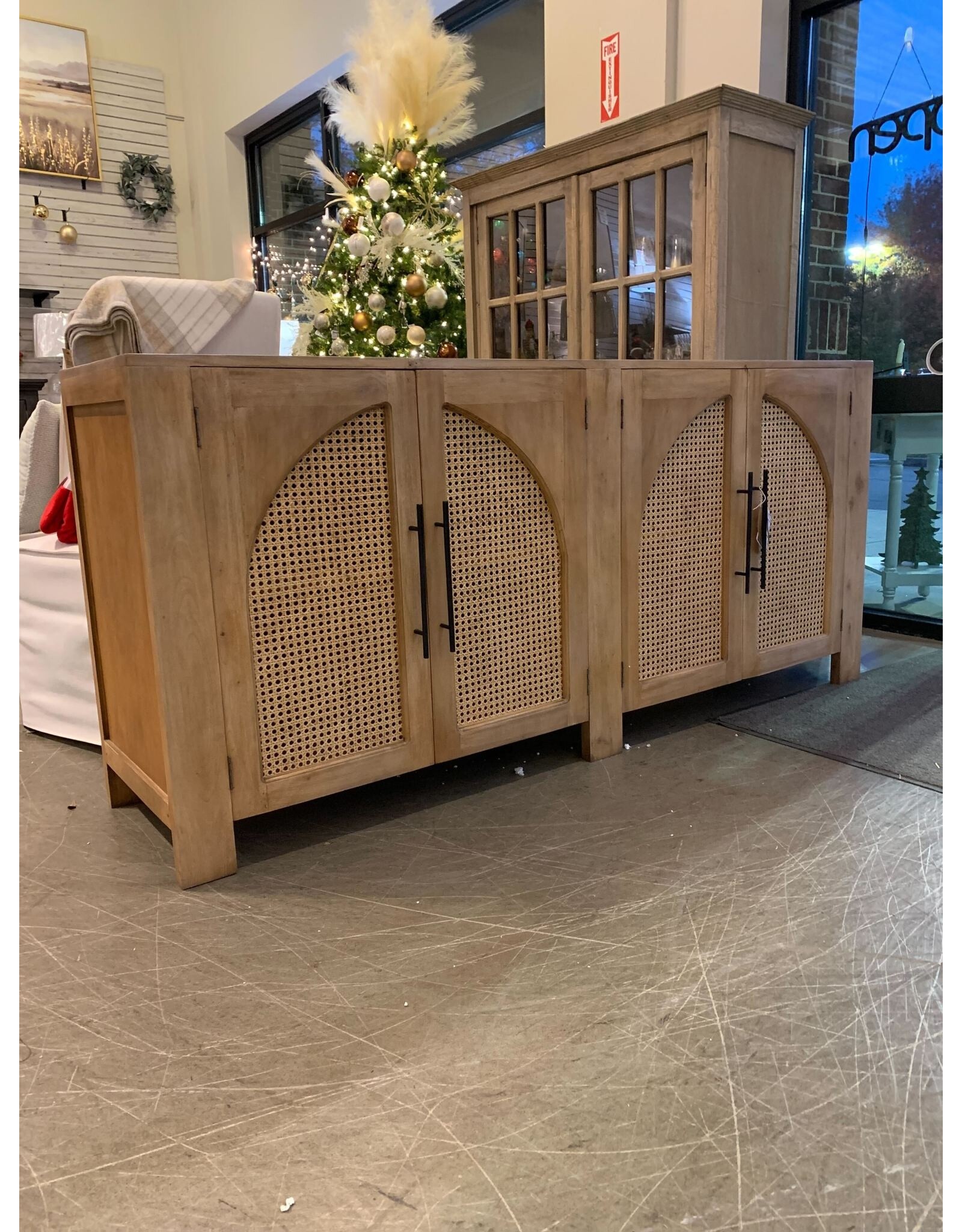 CAB348 Arched Rattan Crdenz 4Rattan dr w/Bar Handles 78x18.8x35.3