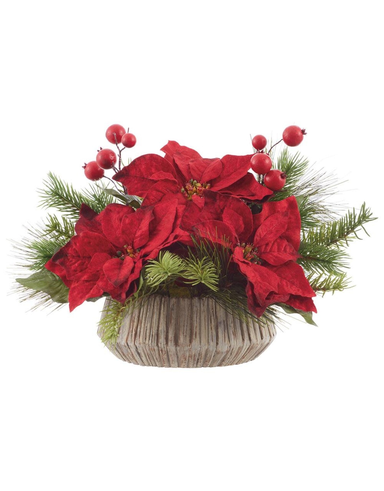 9"H Velvet Poinsettia/Berry/Pine in Cement Pot XLF648-RE