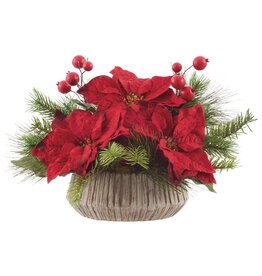 9"H Velvet Poinsettia/Berry/Pine in Cement Pot XLF648-RE