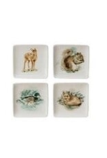 4" Square Stoneware Dish w Deer, Squirrel & Duck,4 Asst