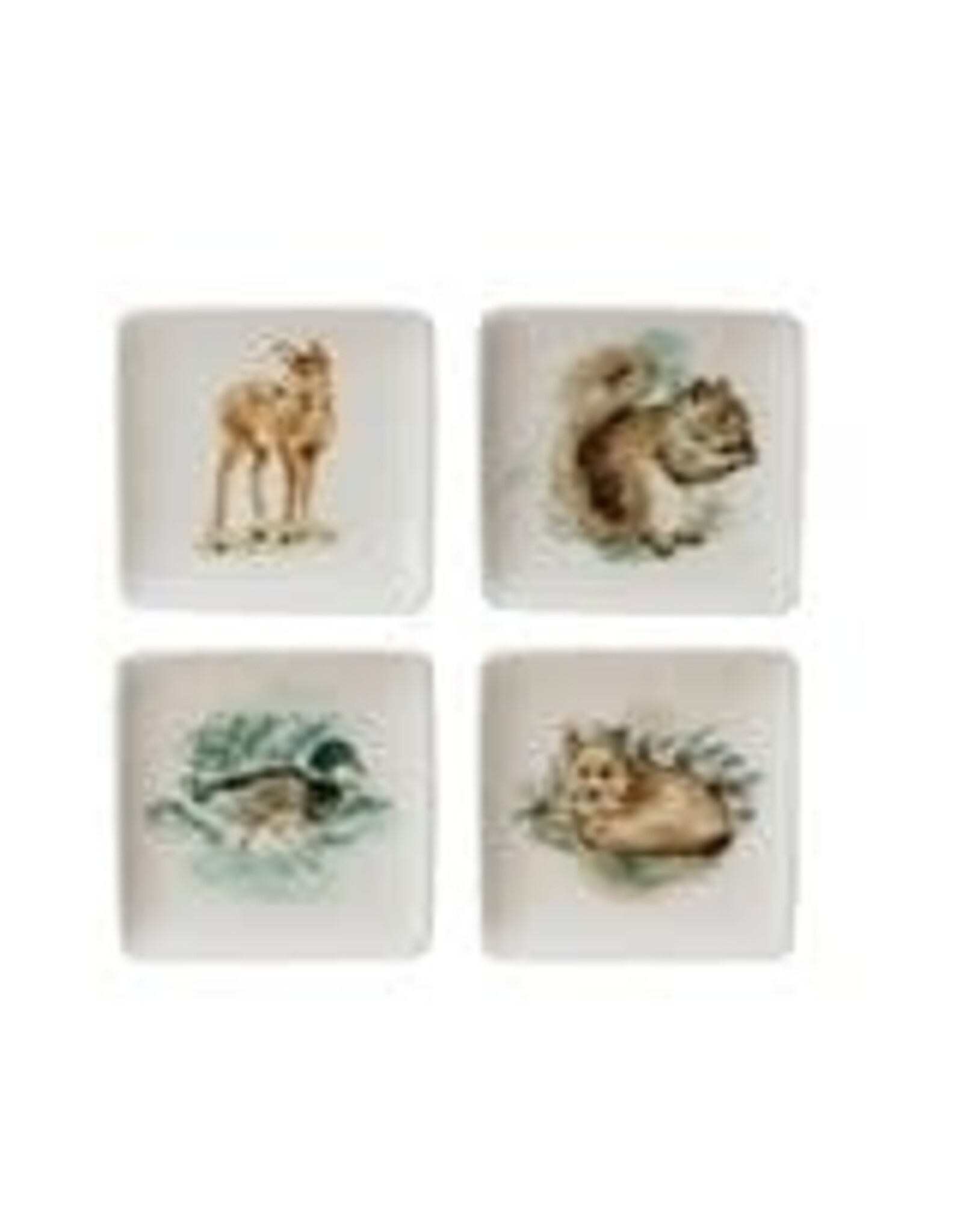 4" Square Stoneware Dish w Deer, Squirrel & Duck,4 Asst