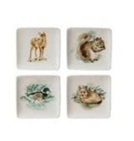 4" Square Stoneware Dish w Deer, Squirrel & Duck,4 Asst