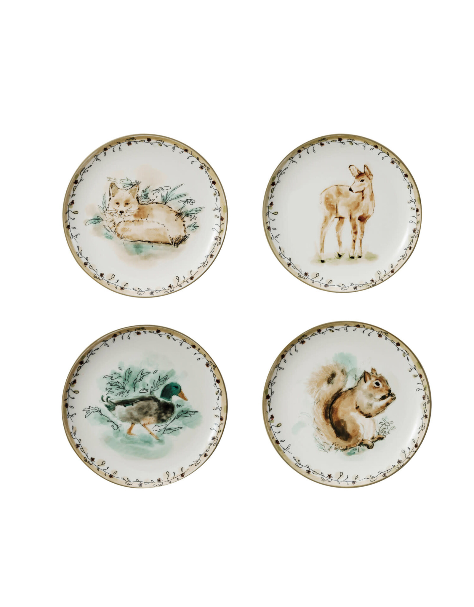8"Round Stoneware Plate w Fox, Deer, Squirrel & Duck,4 Asst