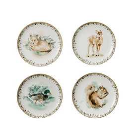 8"Round Stoneware Plate w Fox, Deer, Squirrel & Duck,4 Asst