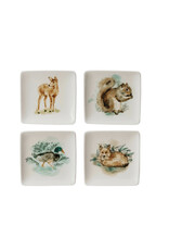 4" Square Stoneware Dish w Deer, Squirrel & Duck,4 Asst