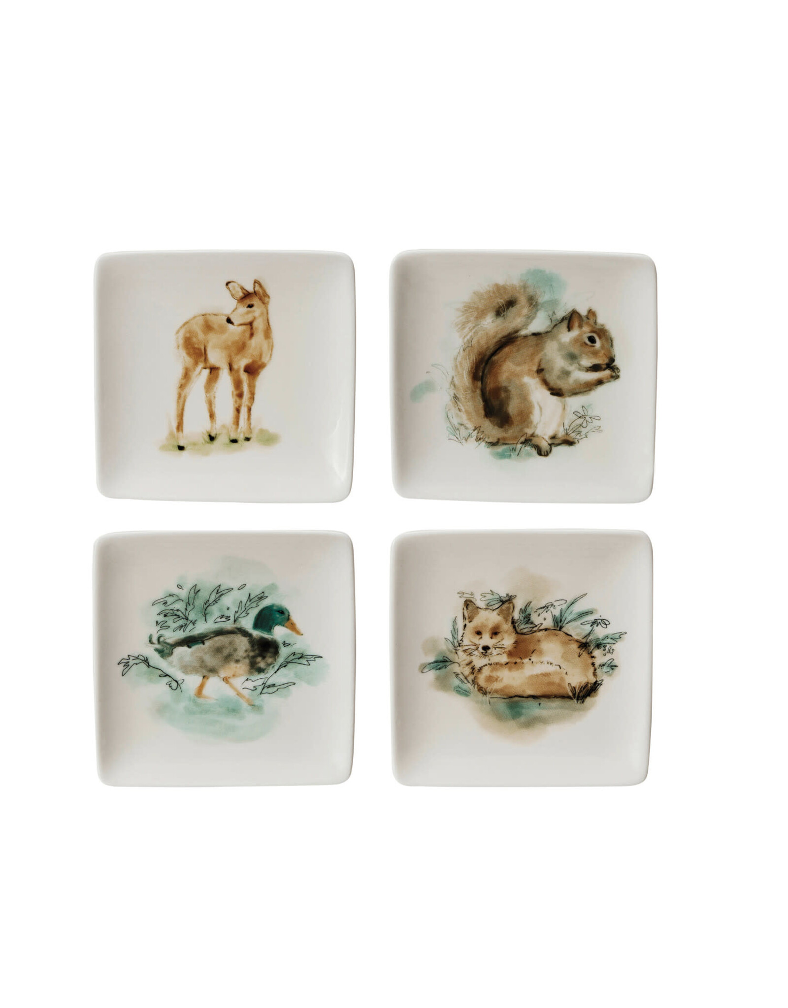4" Square Stoneware Dish w Deer, Squirrel & Duck,4 Asst