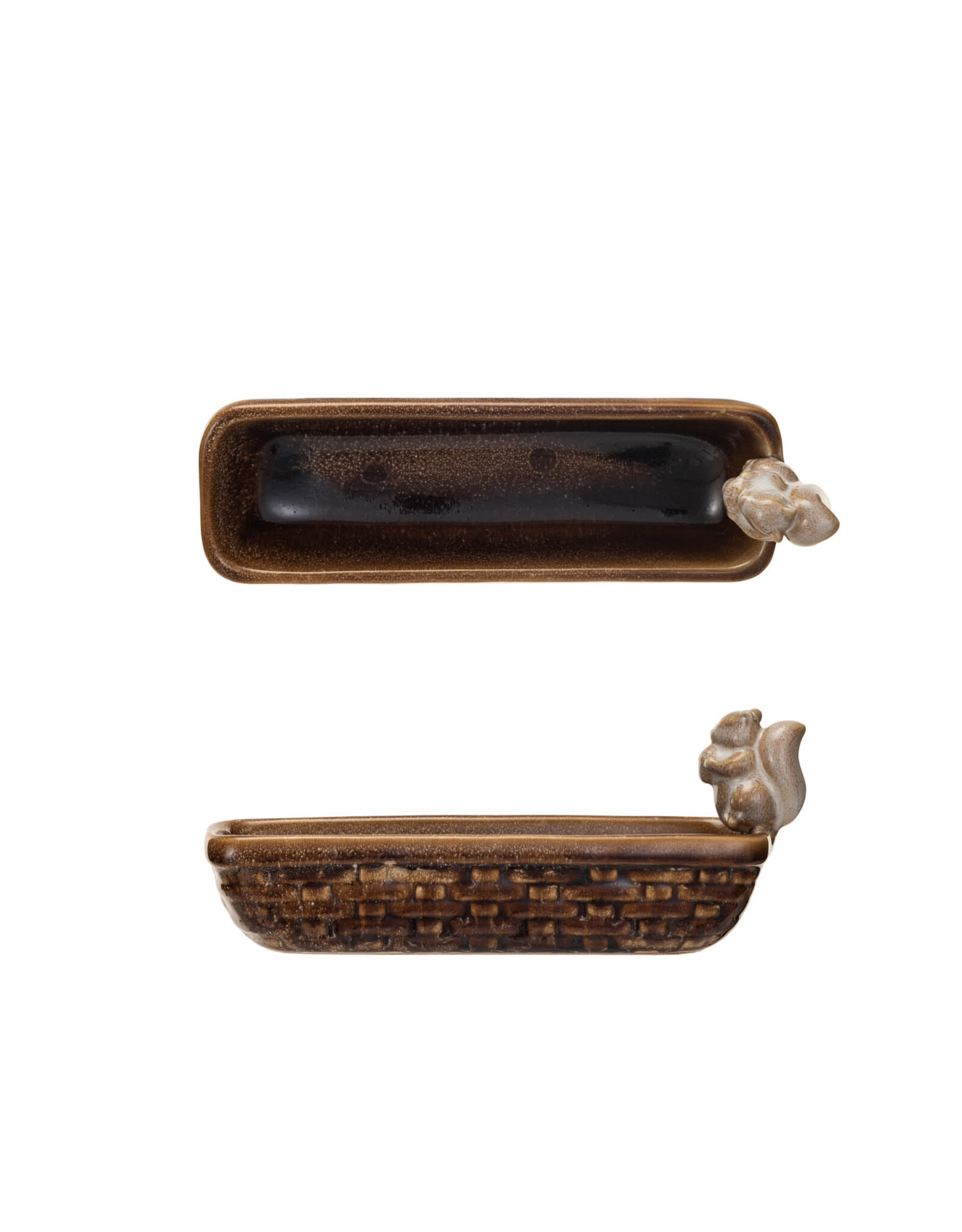 9-1/4"L x 3-1/2"H Stoneware Dish w Squirrel Holding Acorn