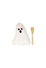 S/2 8"Lx6-1/2"WStoneware Ghost Shaped Plate w Bamboo Spoon