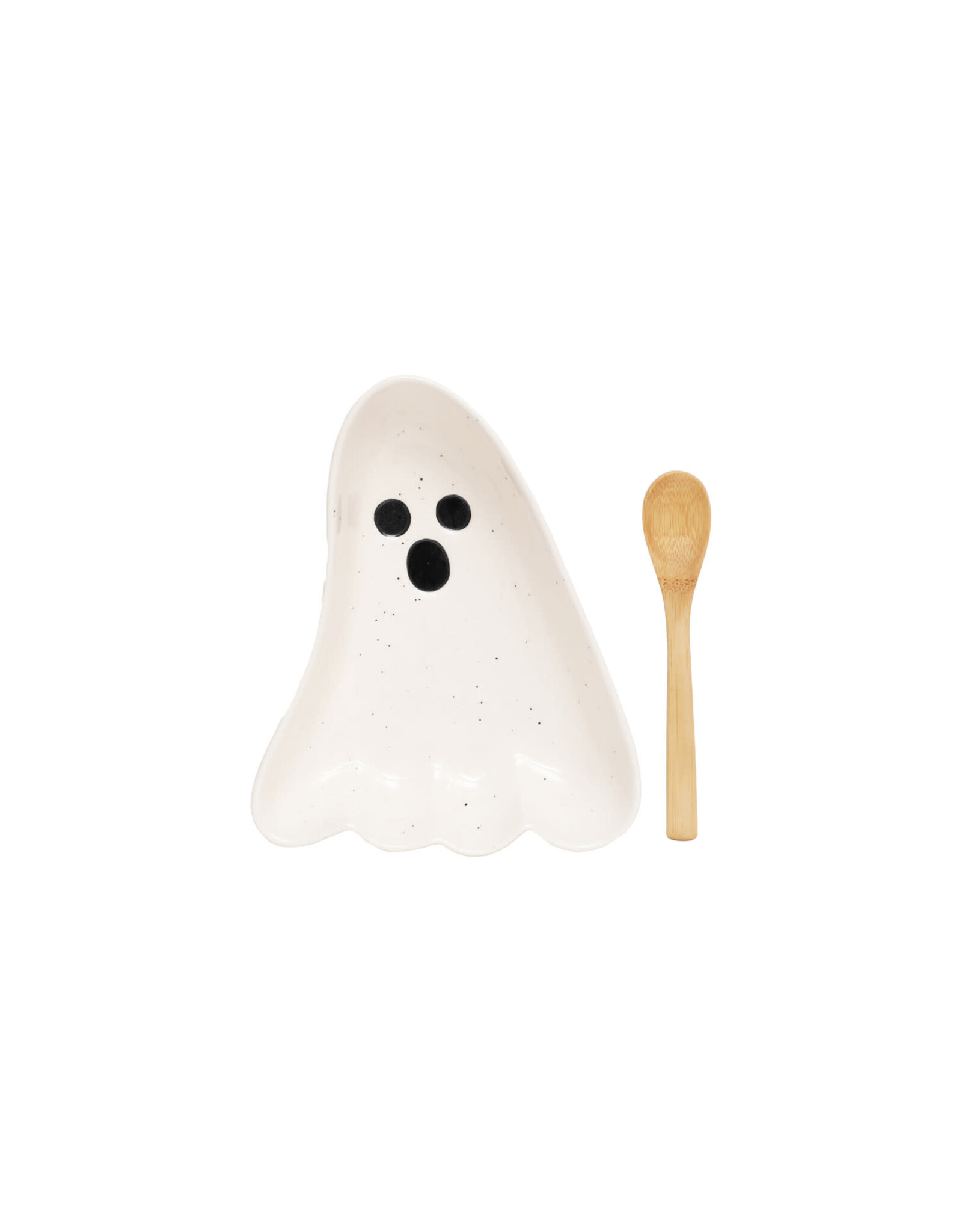 S/2 8"Lx6-1/2"WStoneware Ghost Shaped Plate w Bamboo Spoon