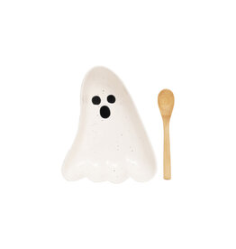 S/2 8"Lx6-1/2"WStoneware Ghost Shaped Plate w Bamboo Spoon