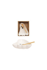 S/2 8"Lx6-1/2"WStoneware Ghost Shaped Plate w Bamboo Spoon