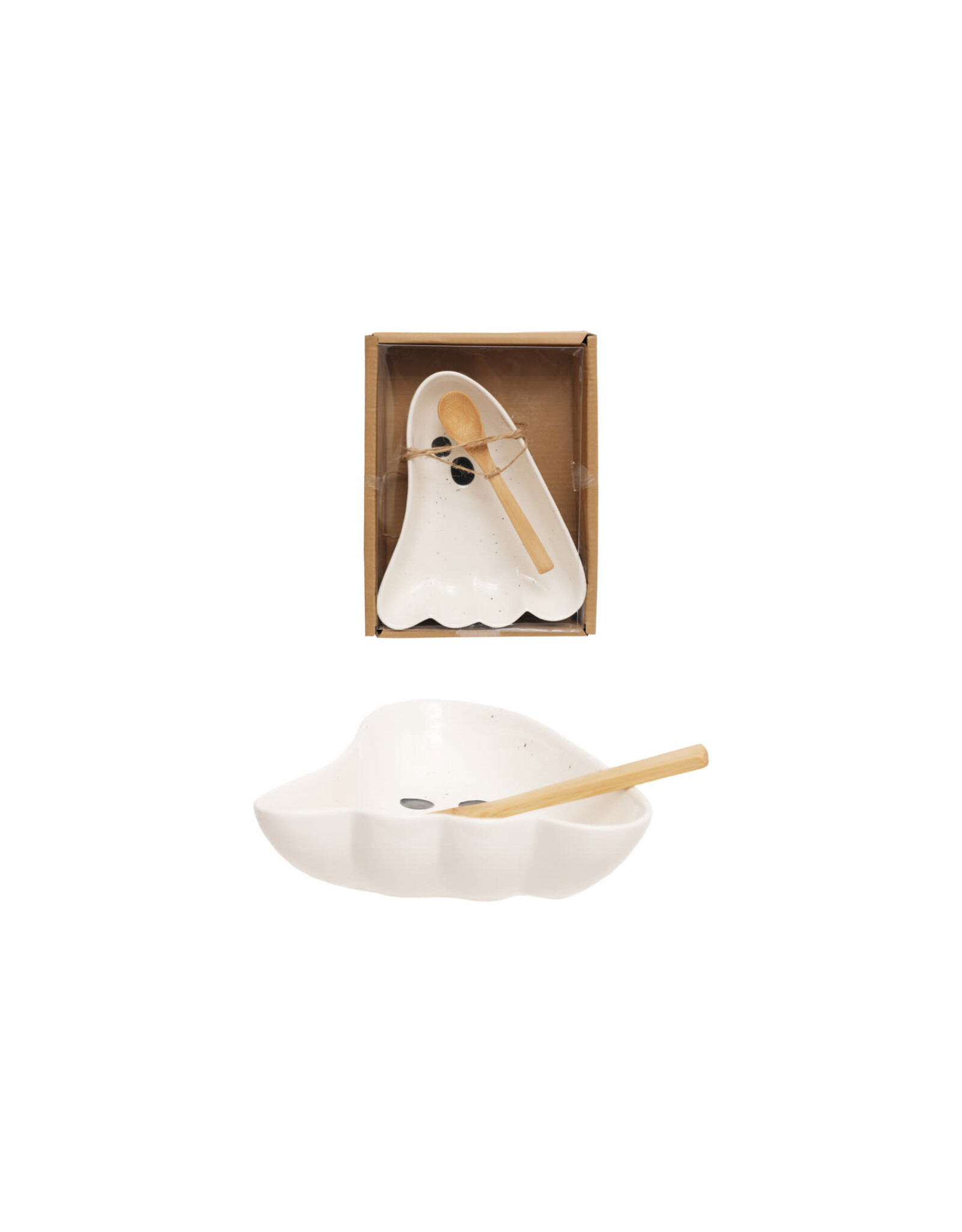 S/2 8"Lx6-1/2"WStoneware Ghost Shaped Plate w Bamboo Spoon