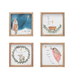 8-1/4" Sq Wood Framed Wall Décor w Mary & Jesus, 4 Asst