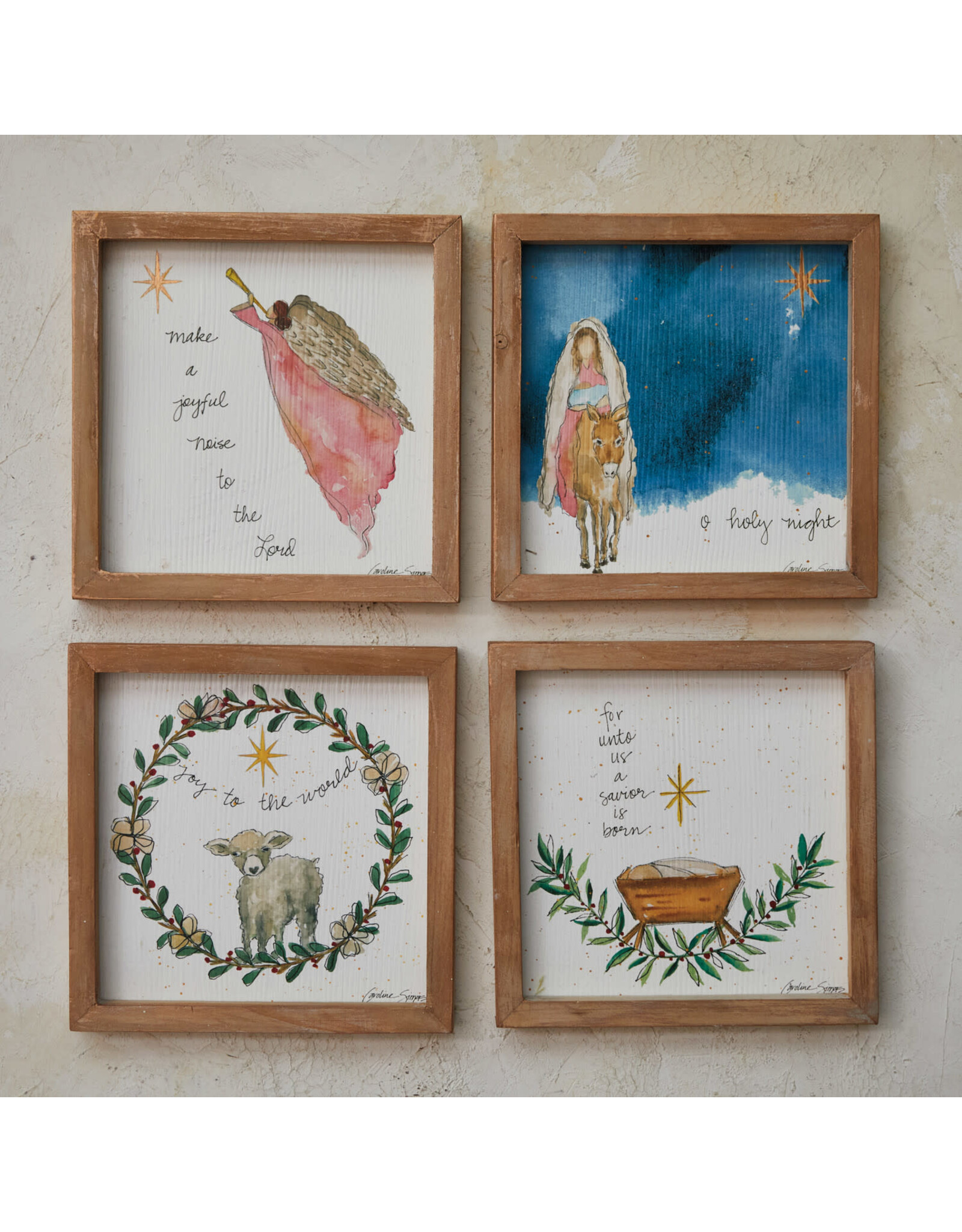 8-1/4" Sq Wood Framed Wall Décor w Mary & Jesus, 4 Asst