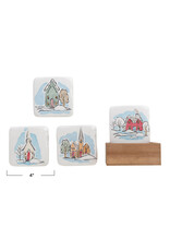 S/5 4" Square Resin Coasters w/ Houses in Wood Box
