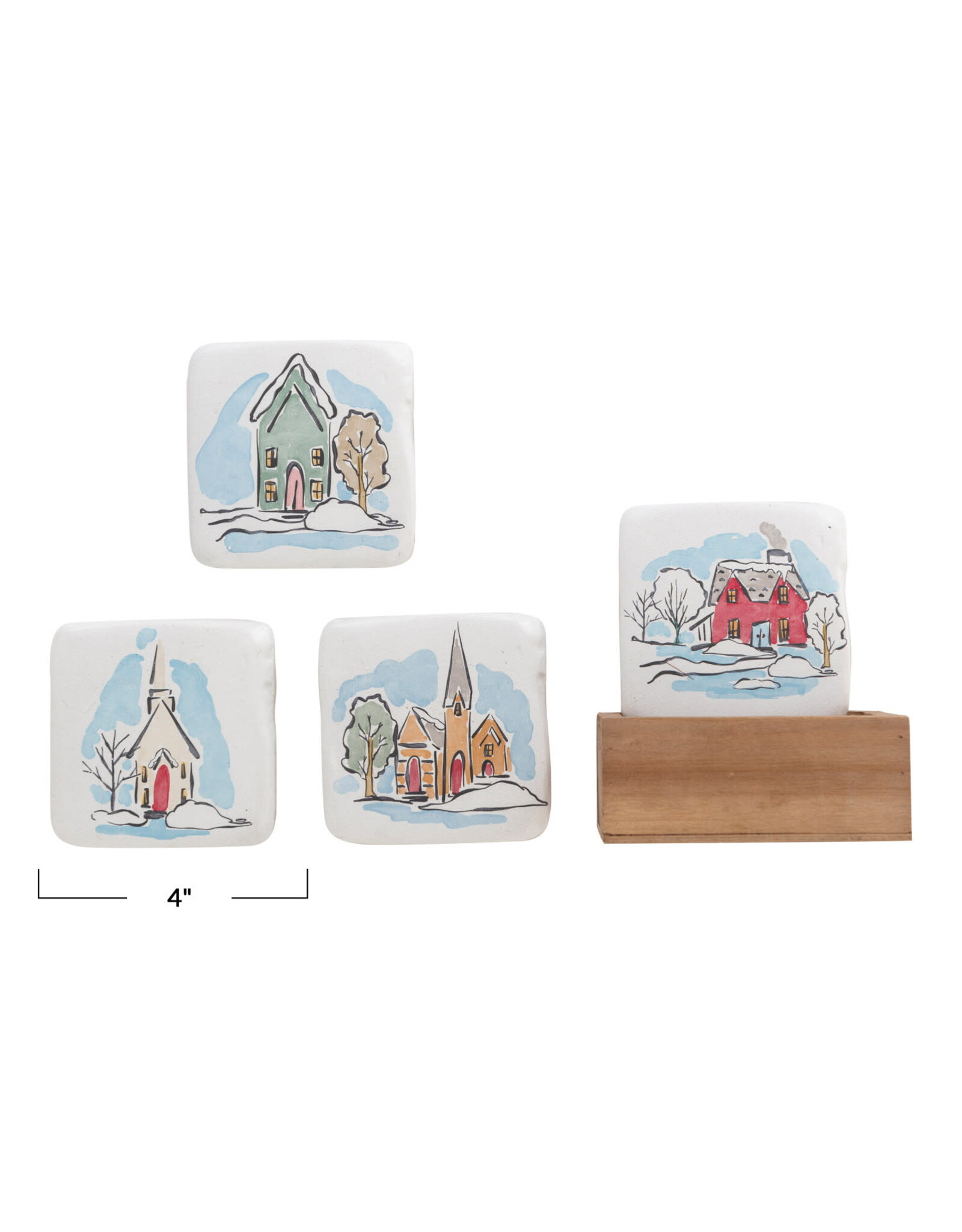 S/5 4" Square Resin Coasters w/ Houses in Wood Box