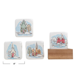 S/5 4" Square Resin Coasters w/ Houses in Wood Box