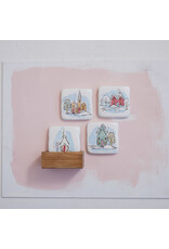 S/5 4" Square Resin Coasters w/ Houses in Wood Box