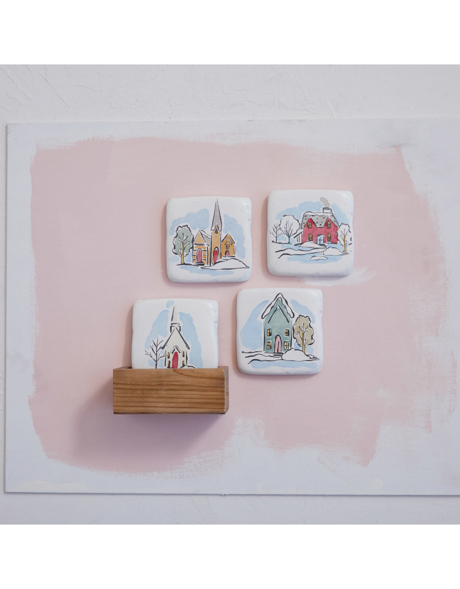 S/5 4" Square Resin Coasters w/ Houses in Wood Box