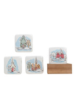 S/5 4" Square Resin Coasters w/ Houses in Wood Box