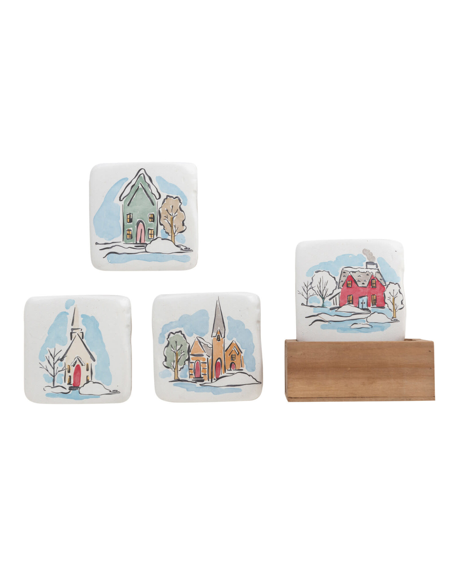 S/5 4" Square Resin Coasters w/ Houses in Wood Box
