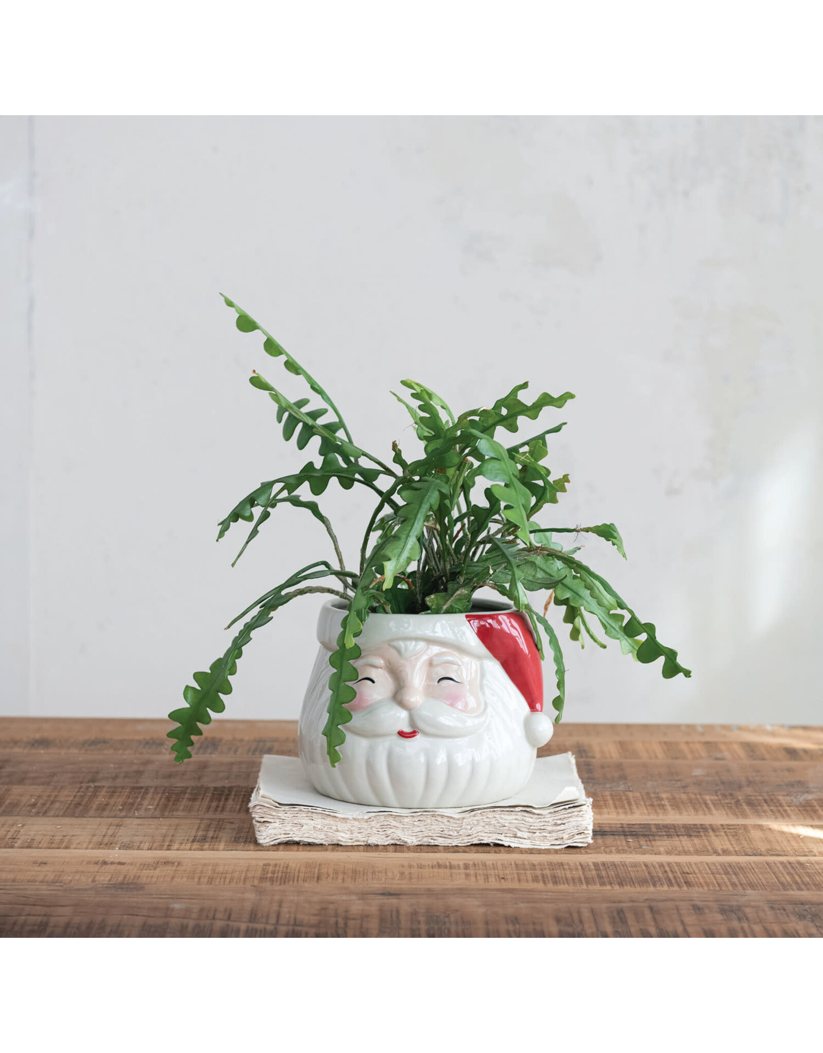 8"L x 5-1/2"H Stoneware Santa Planter, Red & Cream Color