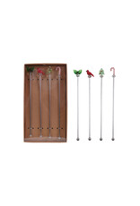 S/4 7-1/2"L Stainless Steel Stirrers w Blown Glass Icons