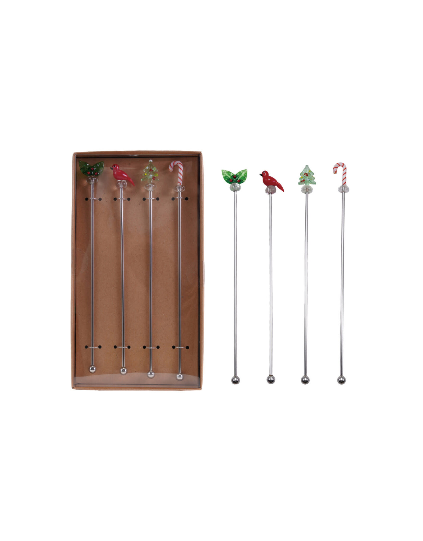 S/4 7-1/2"L Stainless Steel Stirrers w Blown Glass Icons