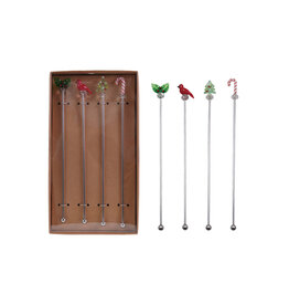 S/4 7-1/2"L Stainless Steel Stirrers w Blown Glass Icons