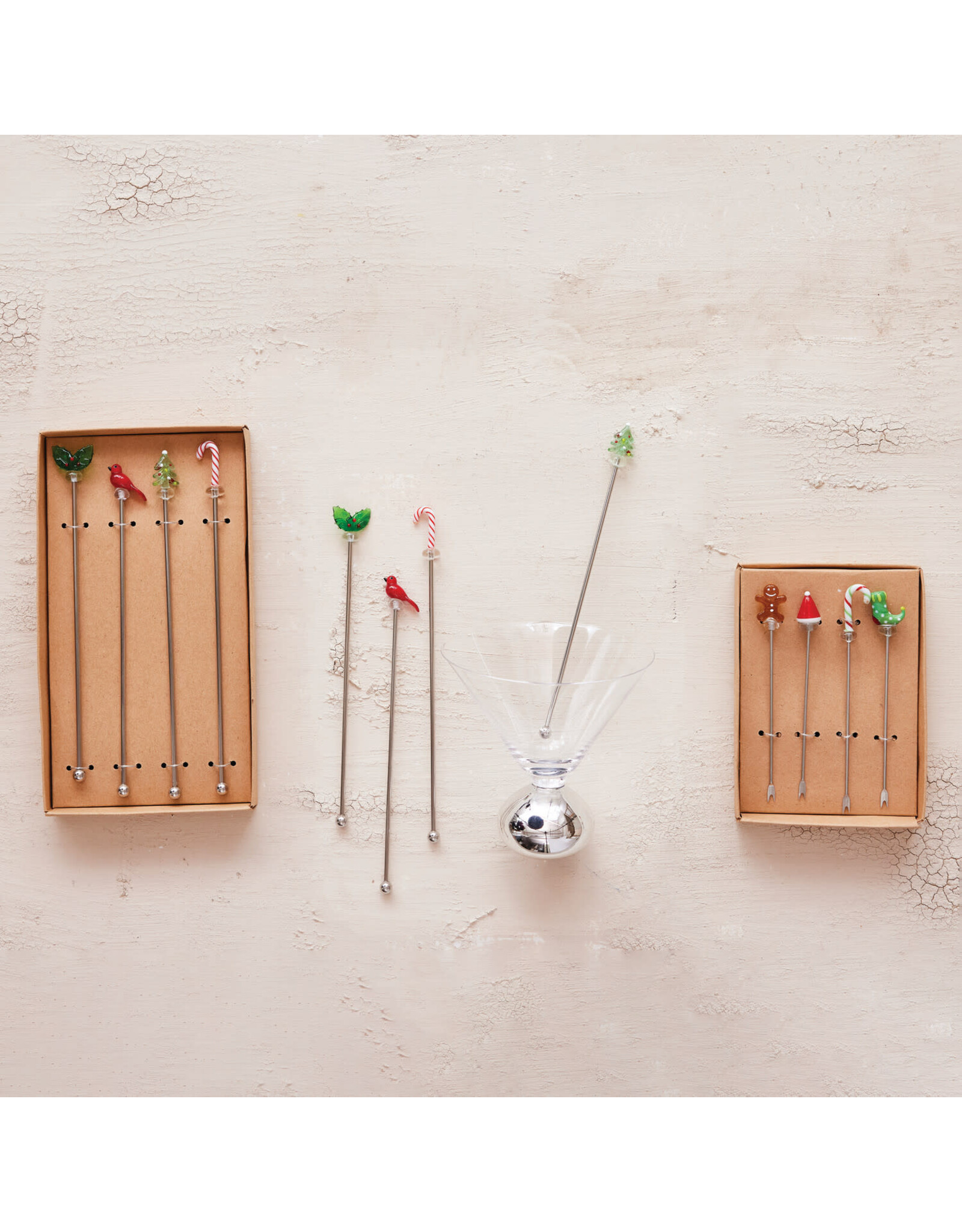 S/4 7-1/2"L Stainless Steel Stirrers w Blown Glass Icons