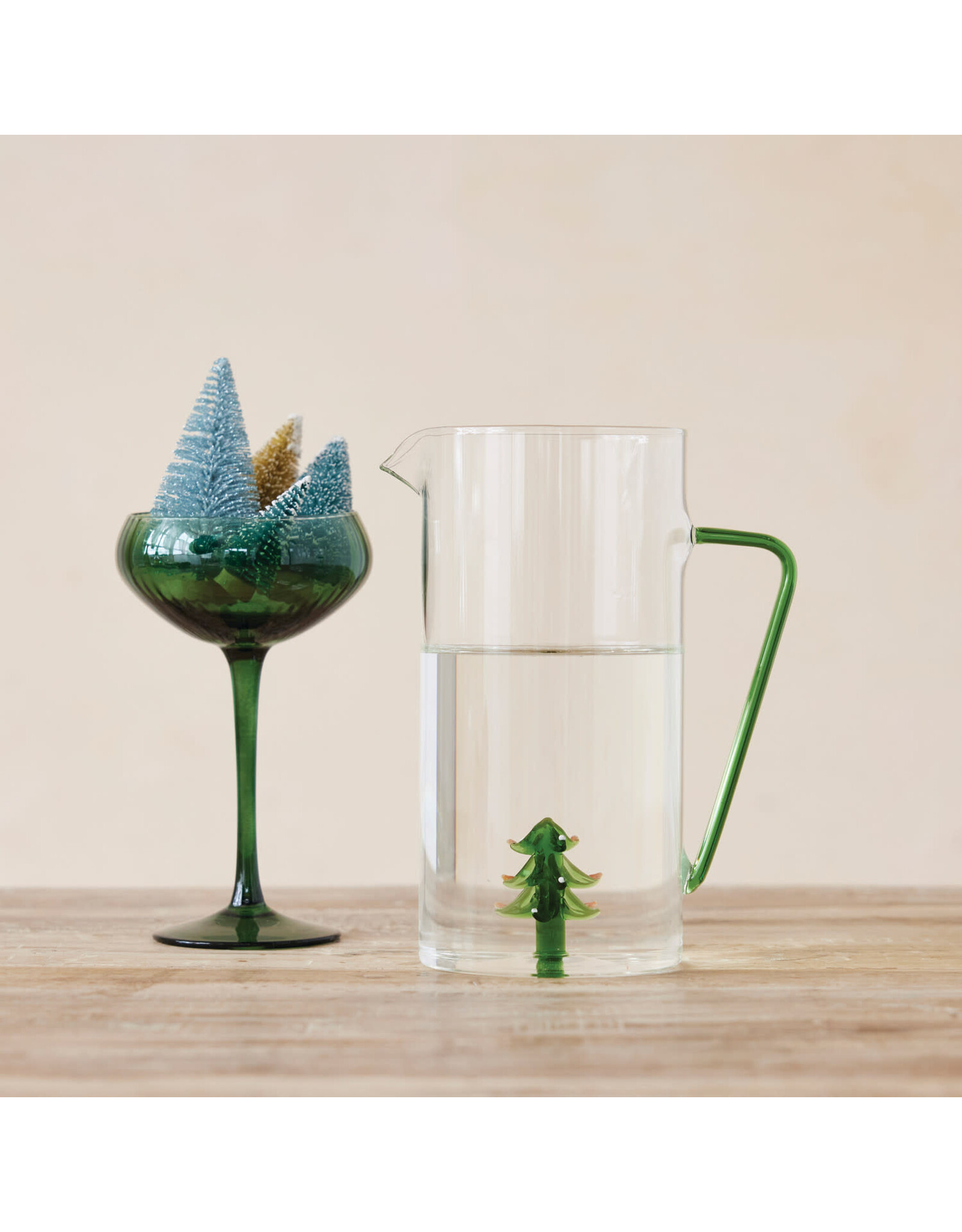 4-1/2"Lx 8"H 3 Quart Glass Pitcher w Tree Inside & Handle