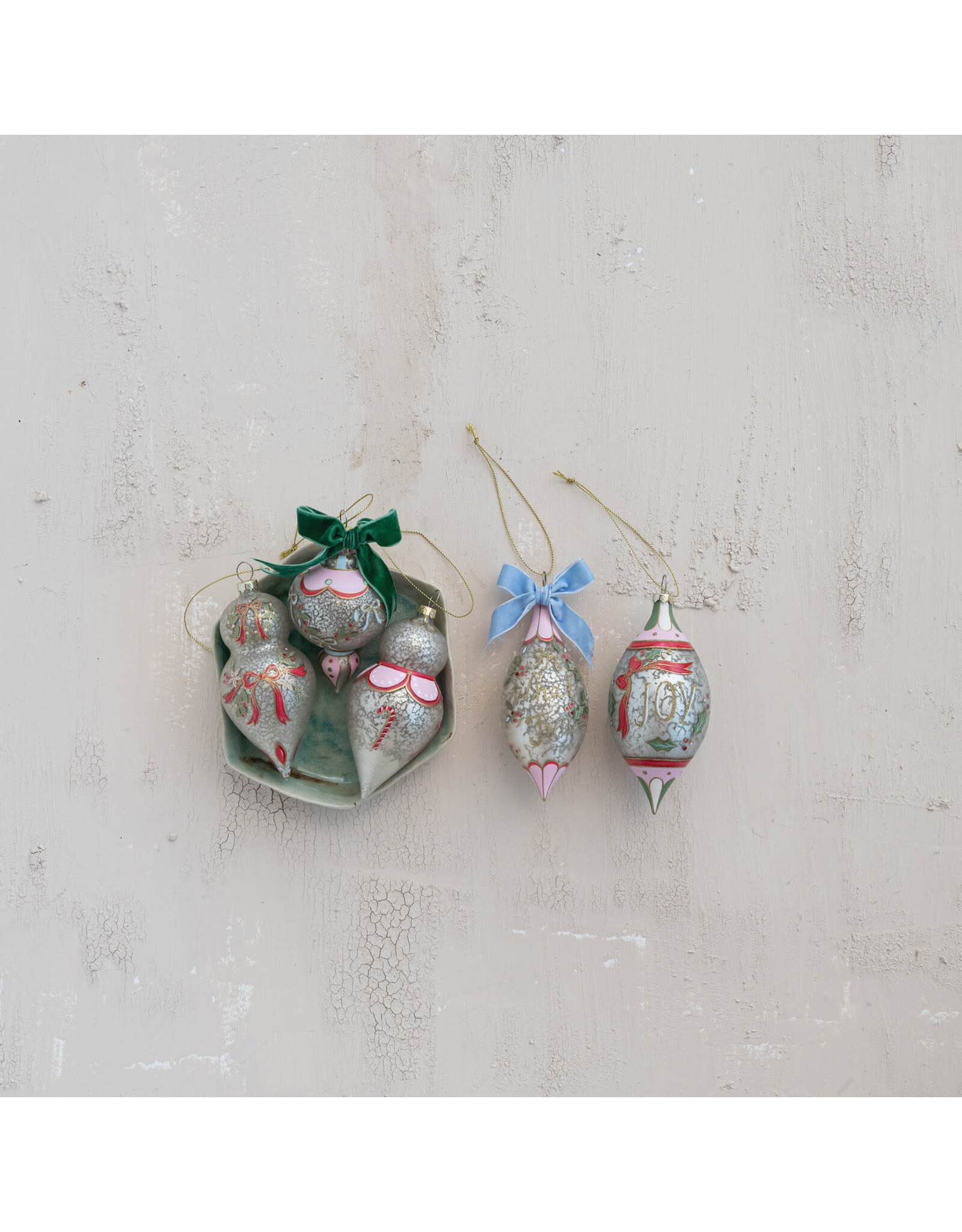 5"H Antique Glass Ornament w Design, Multi Color,4 Asst